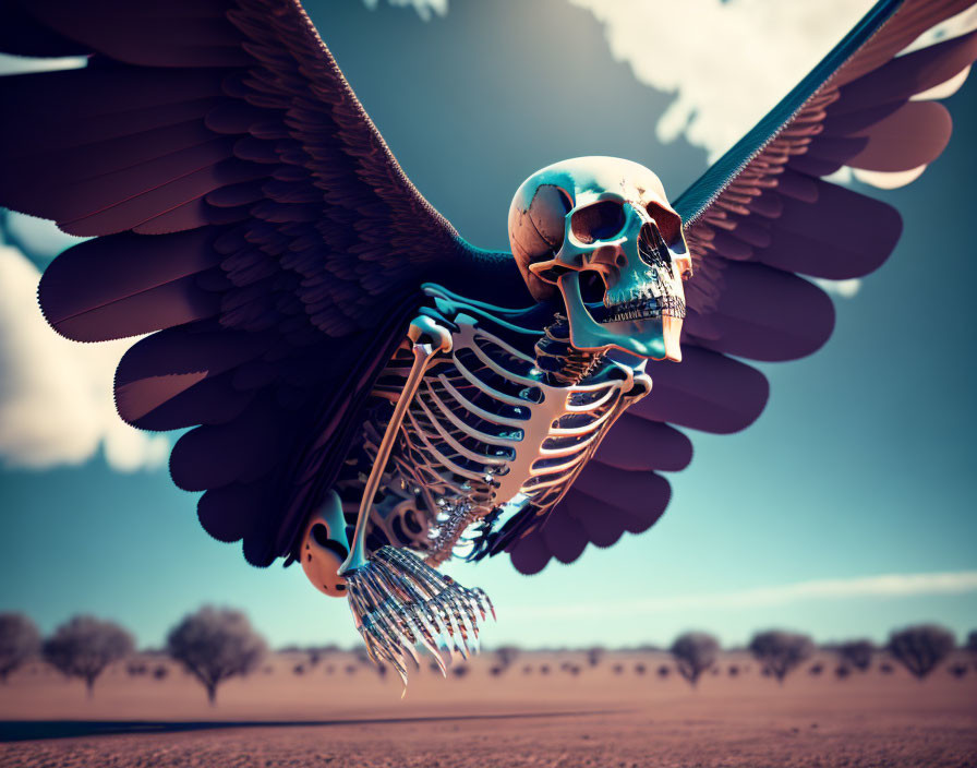 Human skull with birdlike wings flying over barren landscape