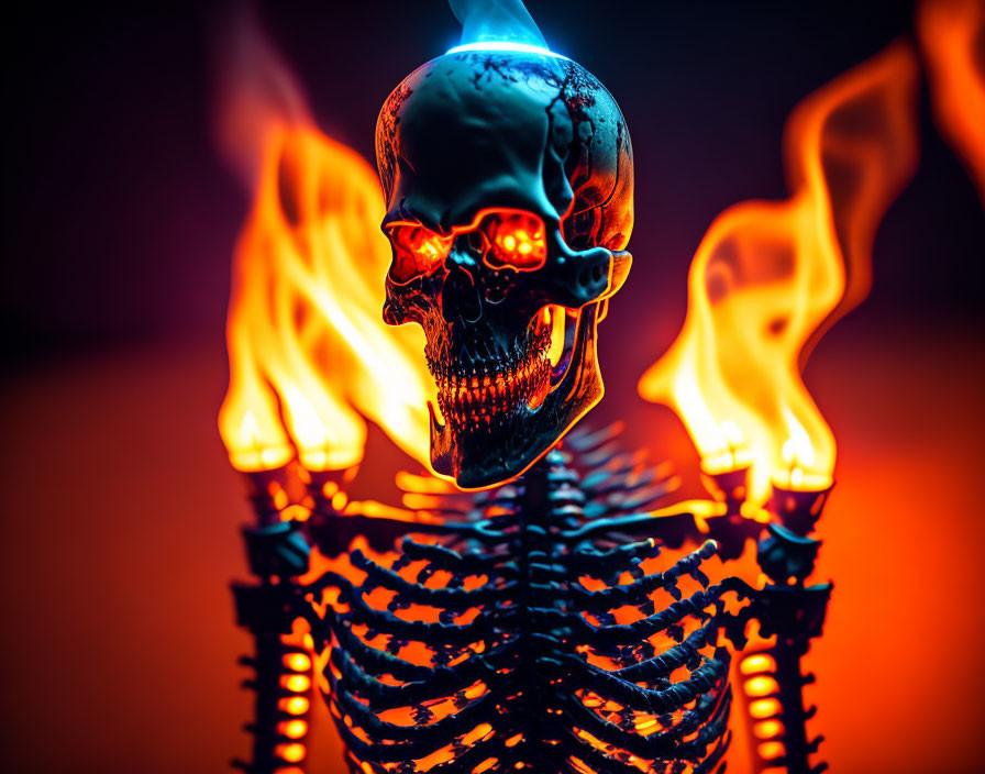 Blue glowing skull on skeletal figure with orange flames on dark red background
