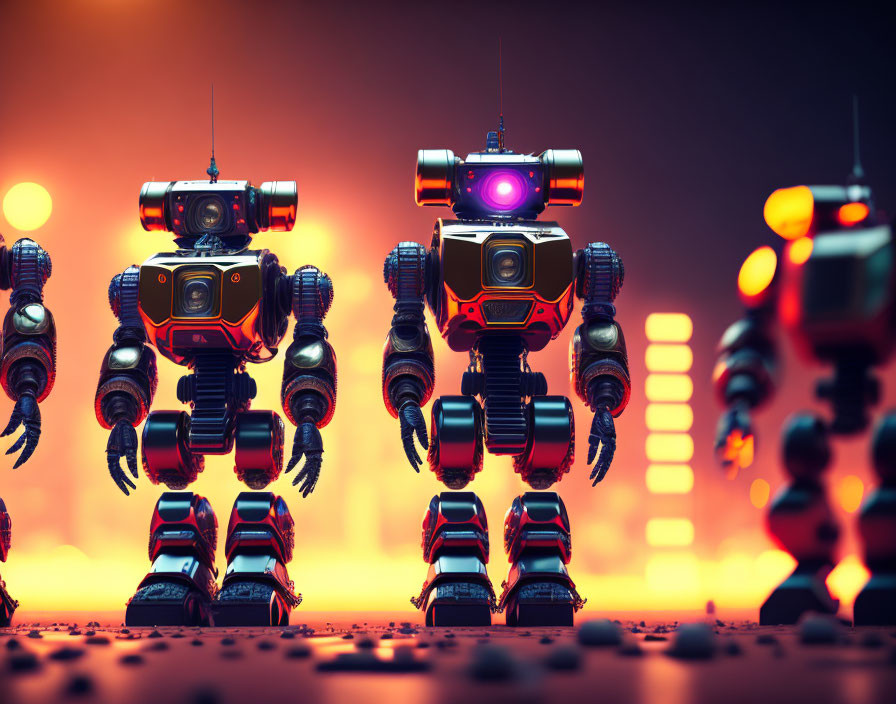 Futuristic humanoid torso robots on wheeled bases under neon lights
