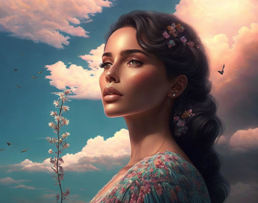 Detailed digital portrait of woman with serene expression, makeup, flowers, birds, fluffy clouds.