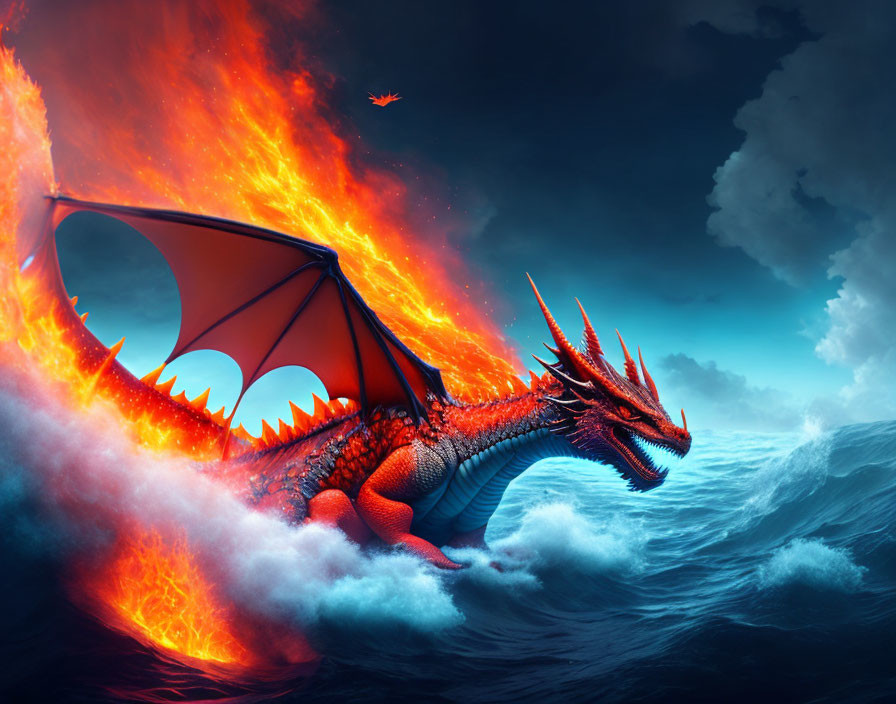 Majestic red and blue dragon emerging from ocean waves with fiery breath.