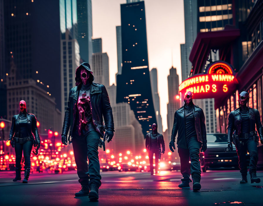 Futuristic group in red-lit cityscape at twilight