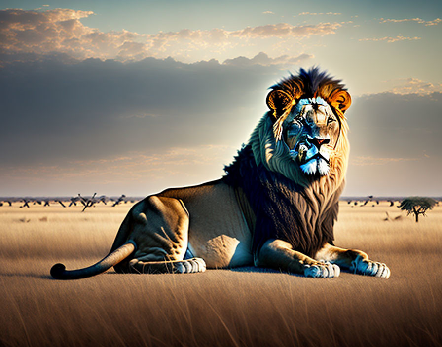 Majestic lion with impressive mane under golden savanna sky