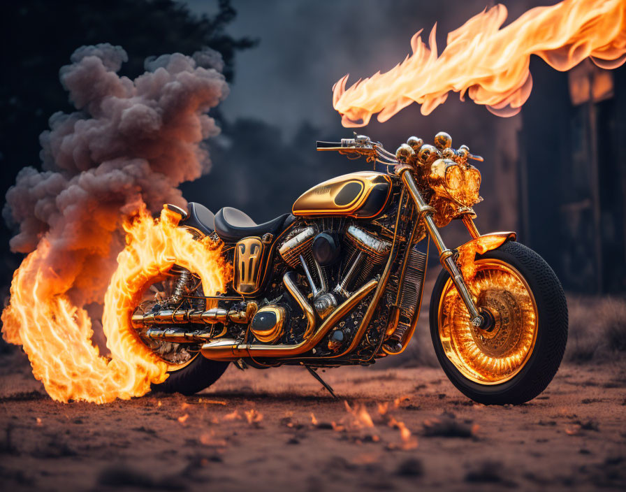 Custom Motorcycle with Gold Accents Amid Fiery Explosion