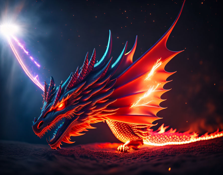 Fiery dragon digital art with glowing red and blue scales