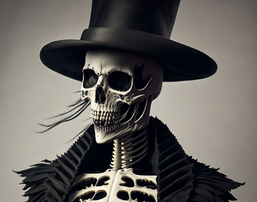 Skeletal figure in top hat and ruffled attire on dark background