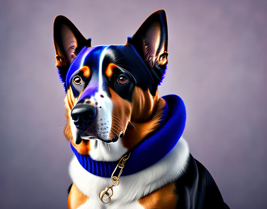 Tricolor Dog with Gold Chain and Blue Collar on Purple Background