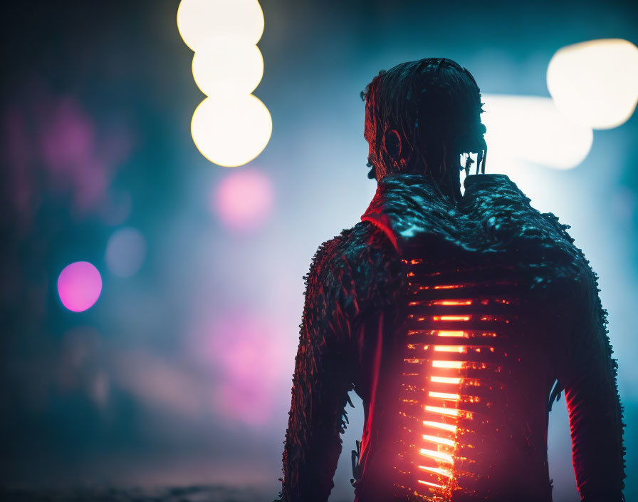Person with red illuminated lines on jacket in moody neon-lit night scene