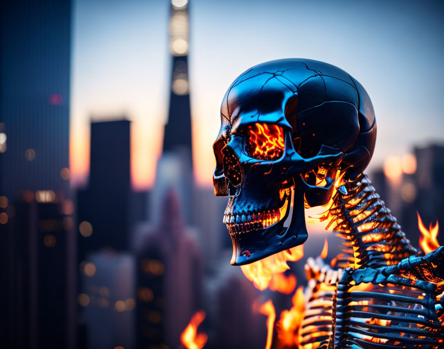 Glowing skeleton with fiery skull in city skyline at dusk