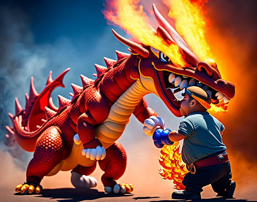 Firefighter confronts cartoon dragon in dramatic scene