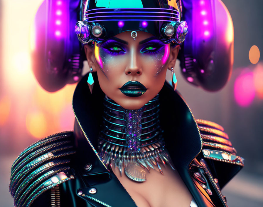 Futuristic woman with vibrant makeup in metallic collar under colorful lights