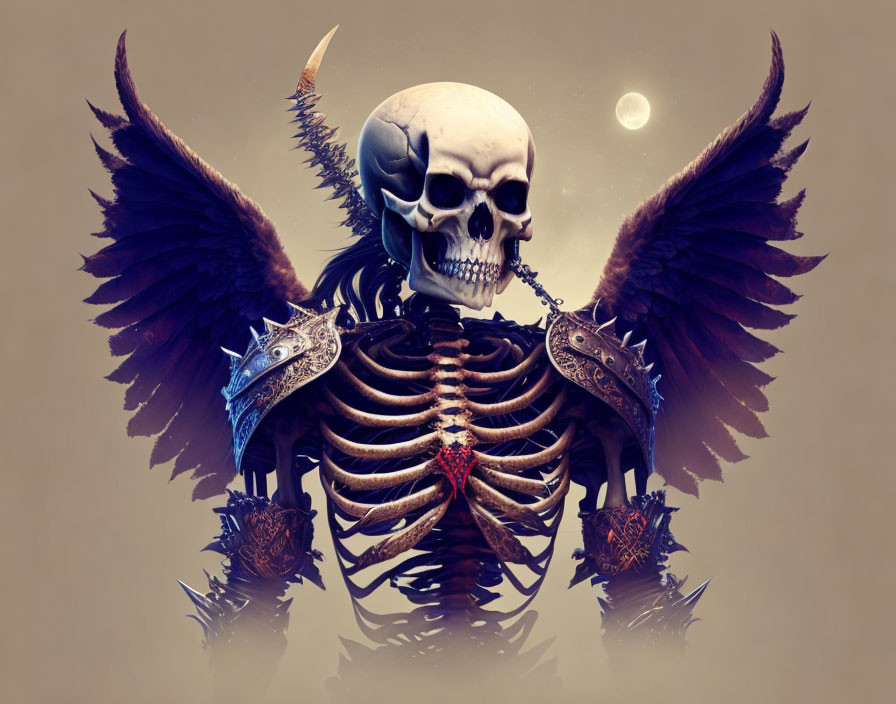 Surreal skull with armor and wings on dark backdrop