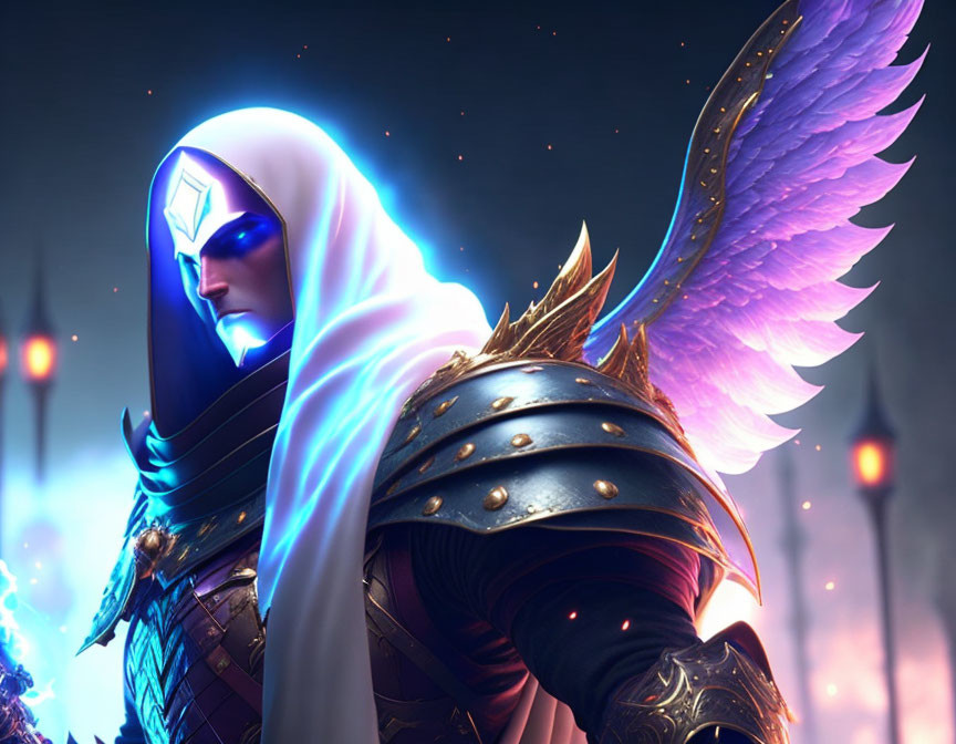 Winged armored figure with glowing blue visor in mystical setting