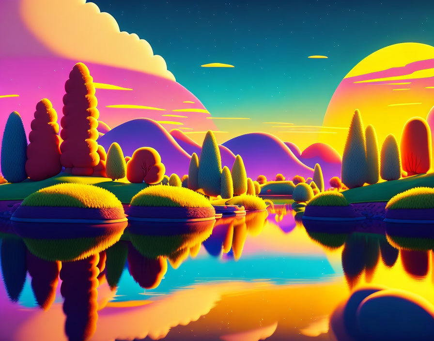 Colorful Neon Landscape with Spherical Trees and Dual Suns