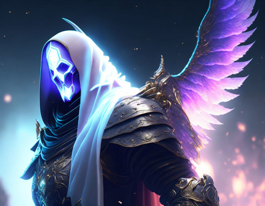 Mysterious cloaked figure with glowing blue skull in winged armor against dreamy backdrop.