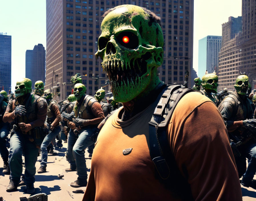 Futuristic soldiers in green skull masks march in urban setting