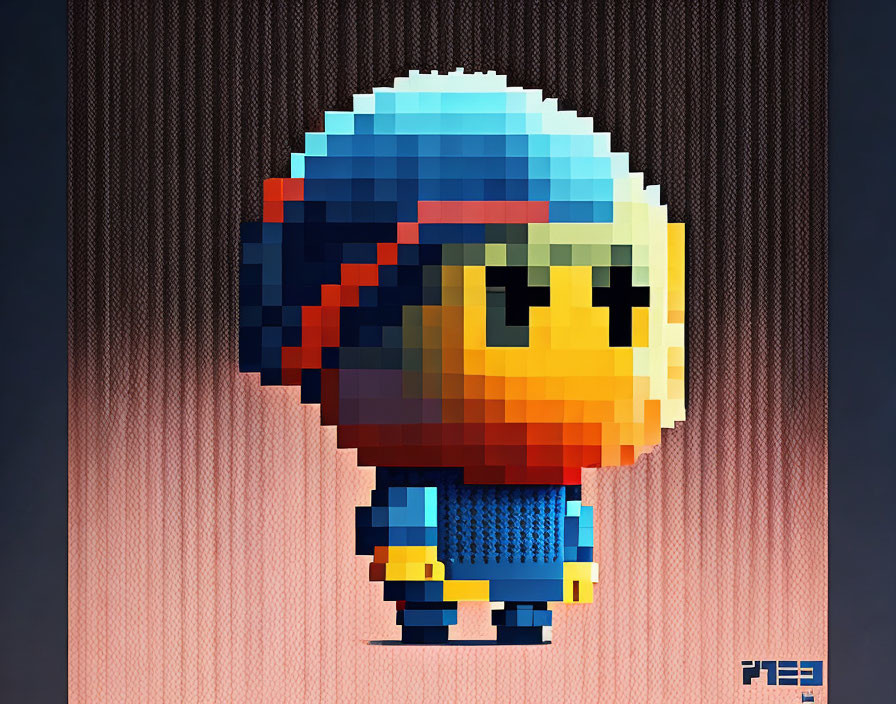 Small character pixel art with blue helmet and vest on brown striped background