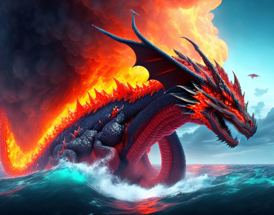 Red and Blue Dragon Emerges from Ocean with Fiery Explosion