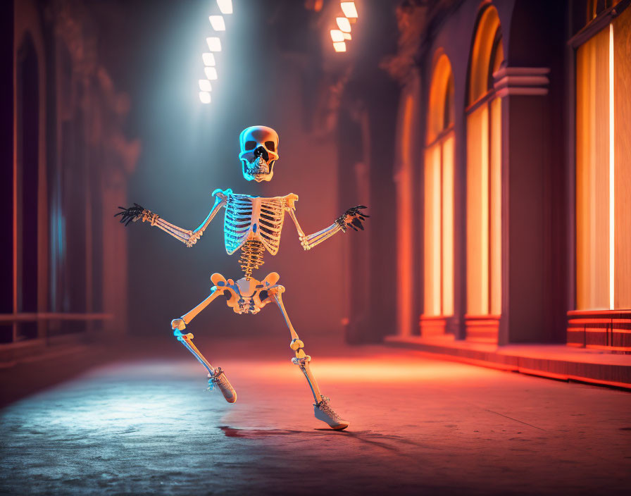 Glowing skull skeleton in dramatic hall with arches