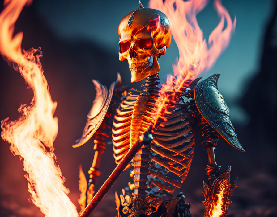 Golden skull on fire held by skeletal figure with spear in fiery background