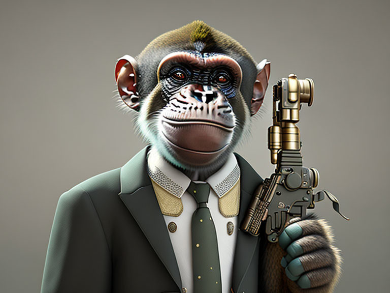 Steampunk-style gun-wielding monkey in a suit portrait.