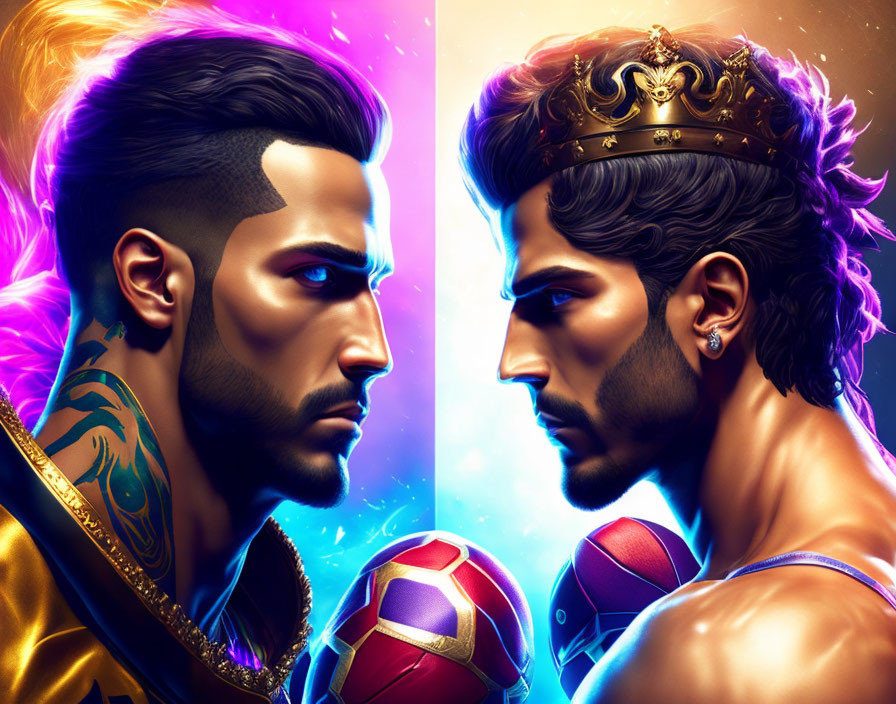 Stylized illustrations of men with crown and tattoo, facing each other with glowing soccer ball.