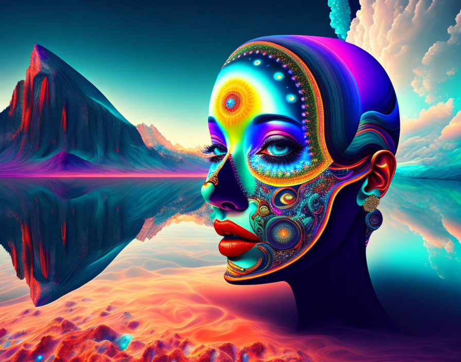 Digital Art: Female Figure with Mechanical Features in Surreal Landscape