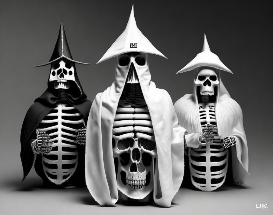 Monochrome image of figures with skeletal designs and cone-shaped hats