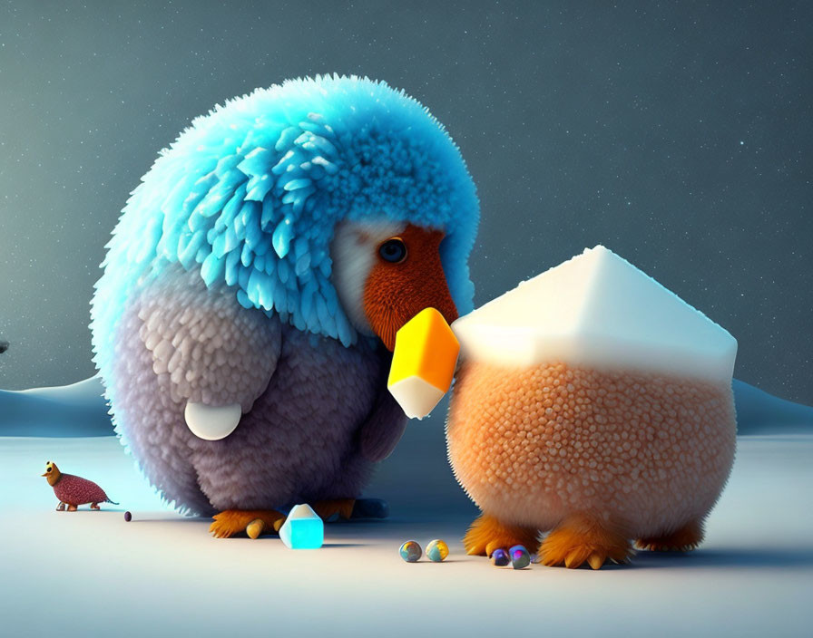 Vibrant animated bird with fluffy body and ice block in snowy scene