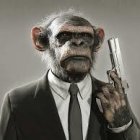 Steampunk-style gun-wielding monkey in a suit portrait.