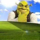 Green ogre in white vest and brown waistcoat against cloudy sky
