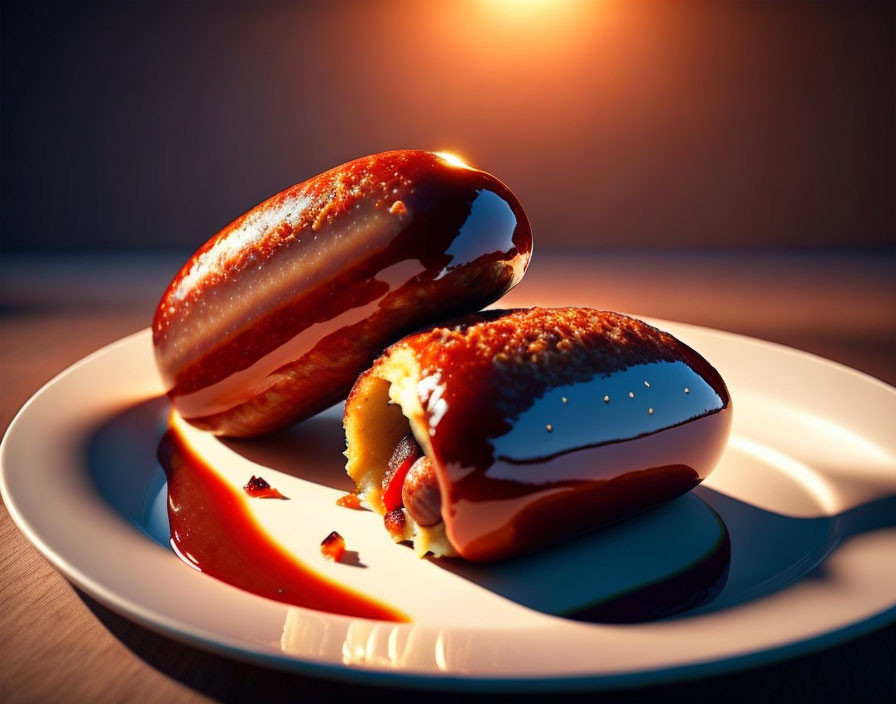 Caramel-glazed desserts with sunset backdrop and creamy interior