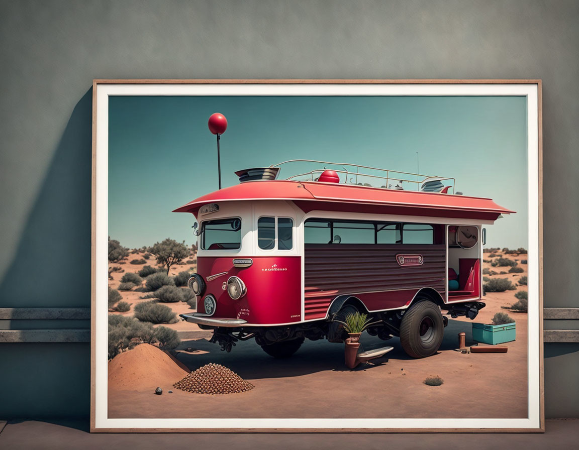 Vintage Red and White Bus in Desert Landscape with Surfboard and Items