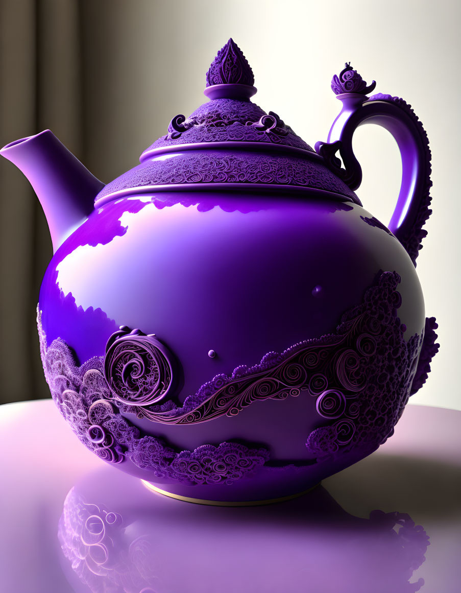 Purple Teapot with Floral and Paisley Designs on Shiny Surface