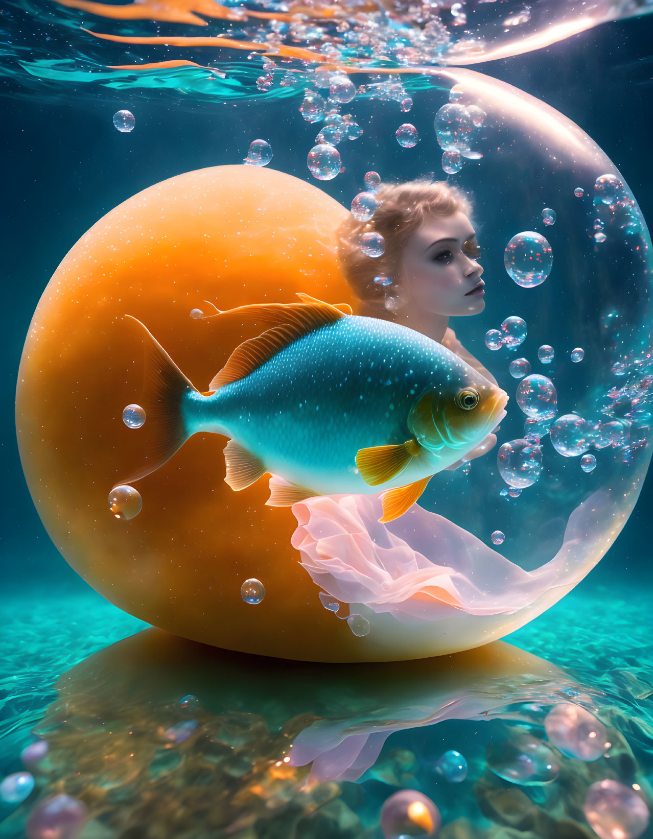 Woman and fish in bubble in surreal underwater scene