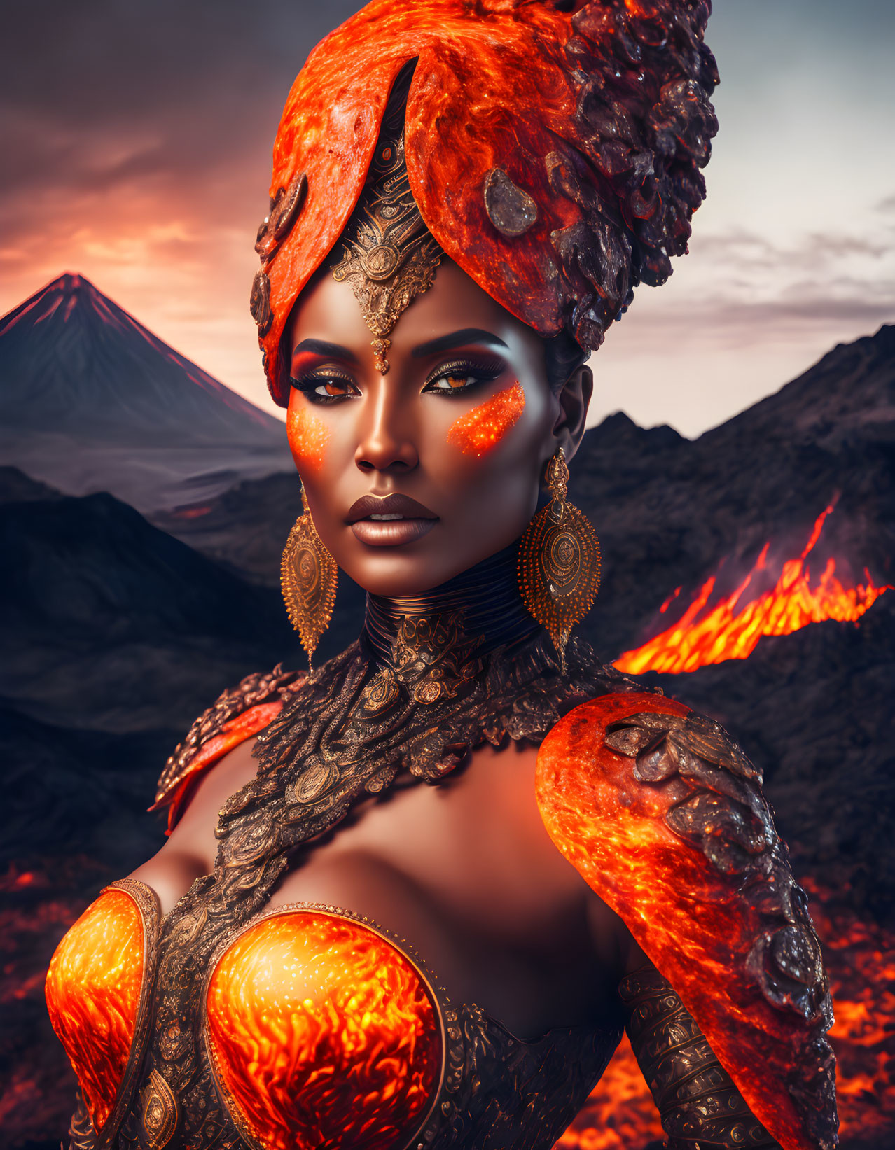 Portrait of woman with fiery makeup in volcanic landscape