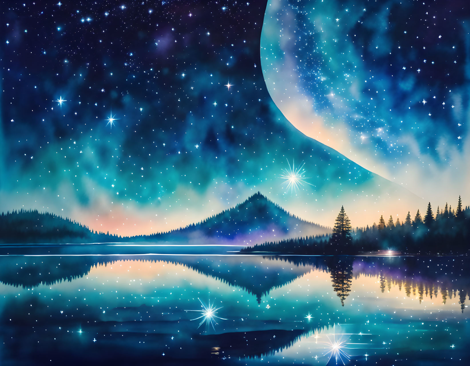 Starry night sky reflected in serene lake with crescent moon