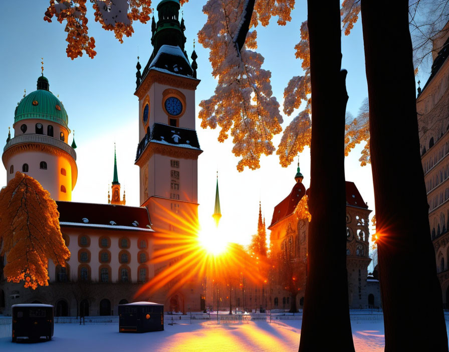 Cityscape sunset with historic buildings, autumn trees, and snowy ground
