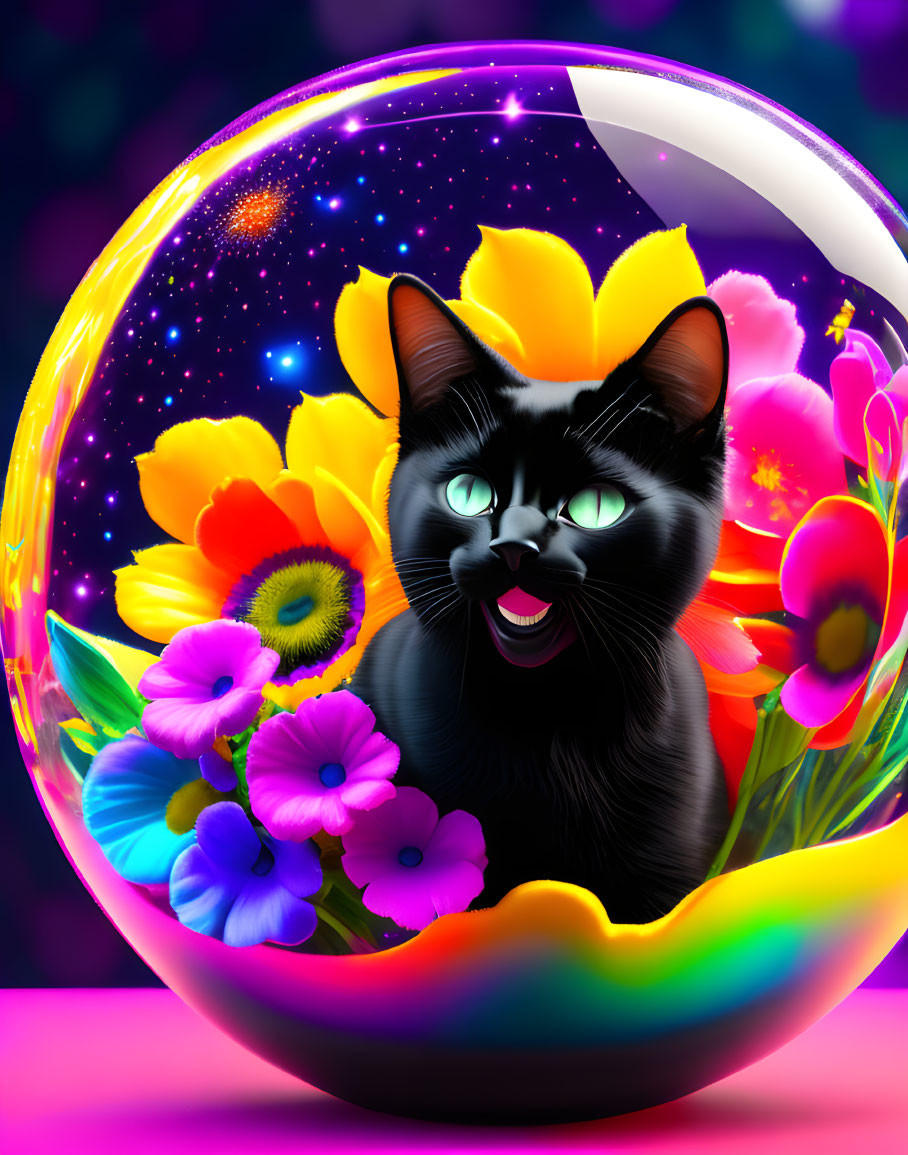 Colorful Digital Art: Smiling Black Cat in Flower Bubble on Cosmic Background