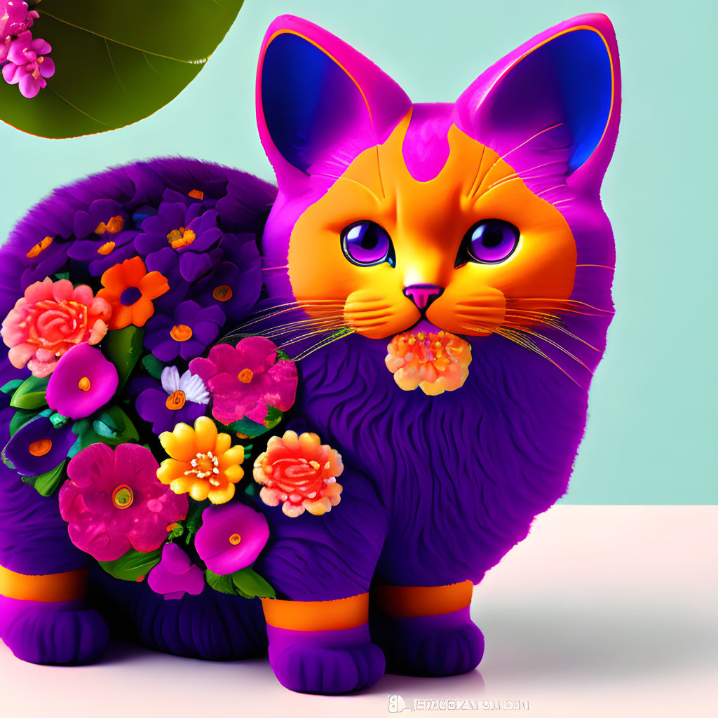 Colorful Cat Illustration with Flowers on Pastel Background