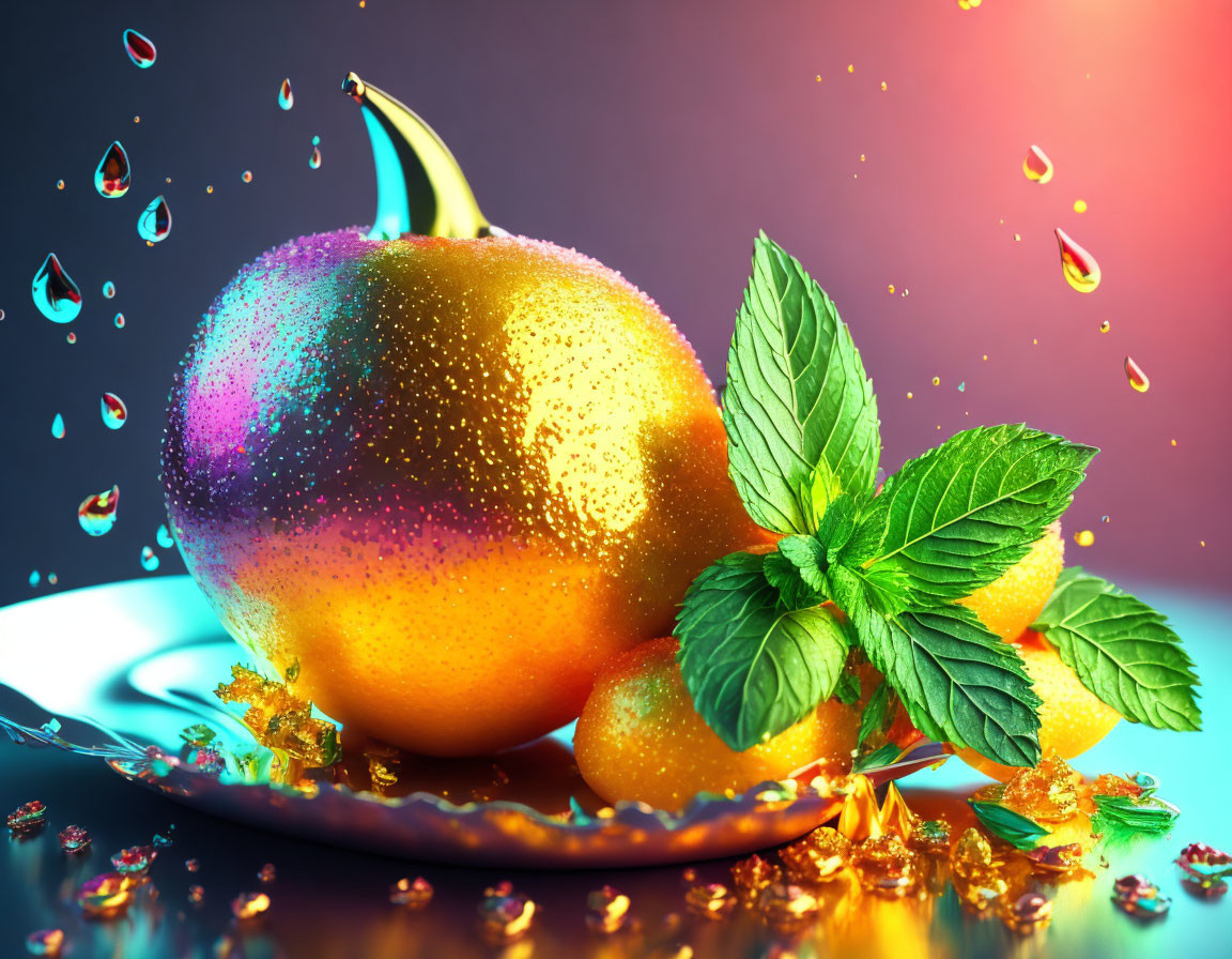 Glistening orange with water droplets on plate and mint against colorful backdrop