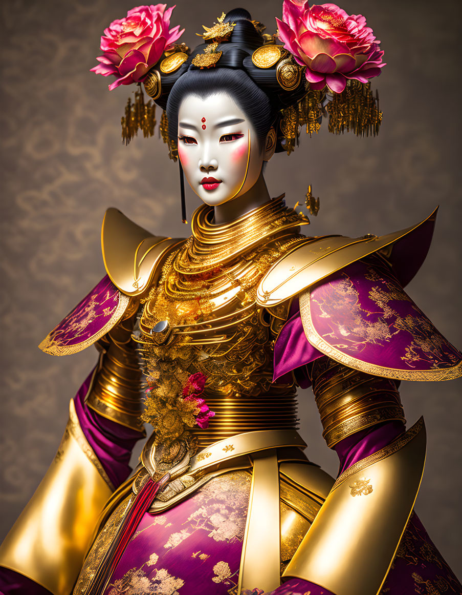 Figure in Geisha-like Makeup in Golden Armor and Pink Garments