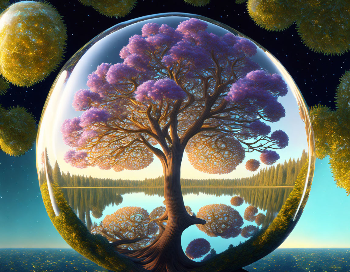 Fantastical landscape with purple tree in transparent sphere and starry sky landscape