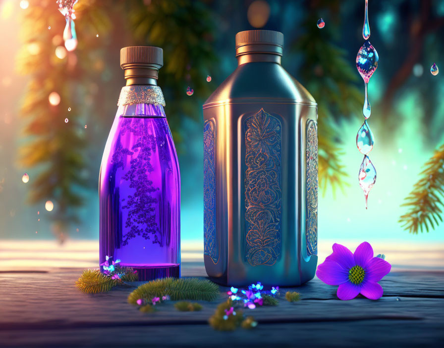 Ornate potion bottles with vibrant liquid in mystical forest setting