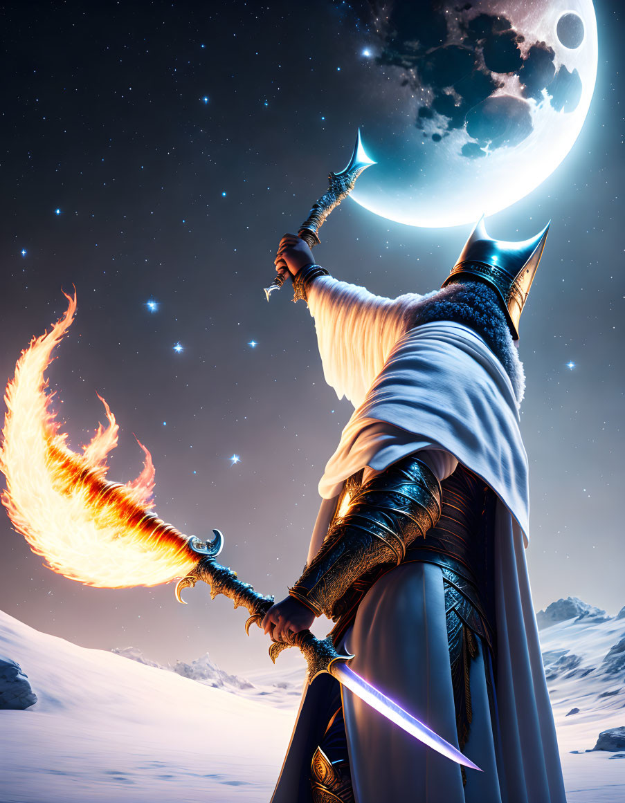 Armored warrior with flaming sword under starry sky and large moon