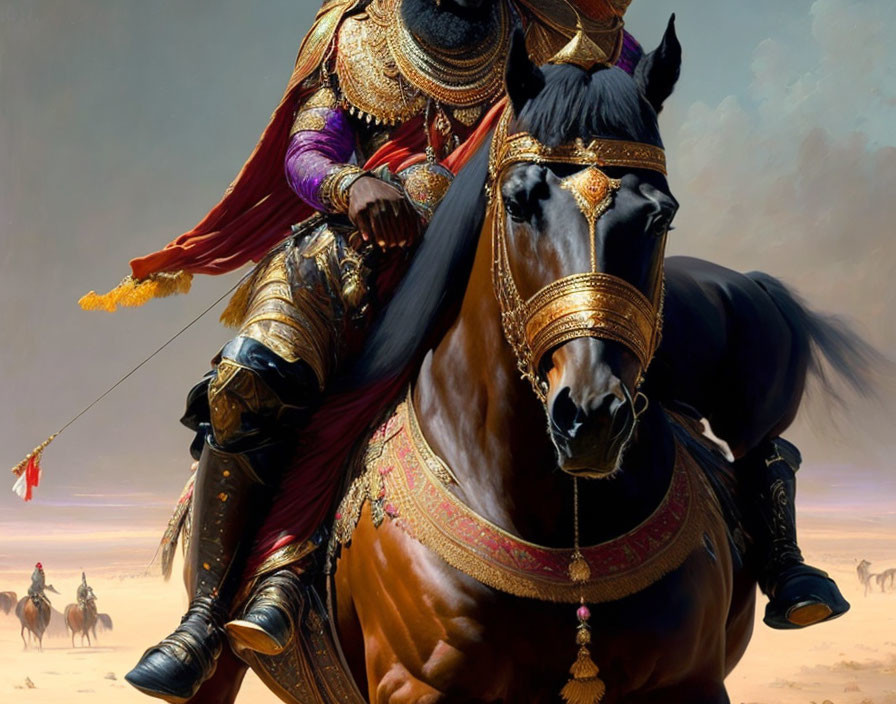 Elaborately Armored Warrior and Horse with Gold Detailing in Desert Setting