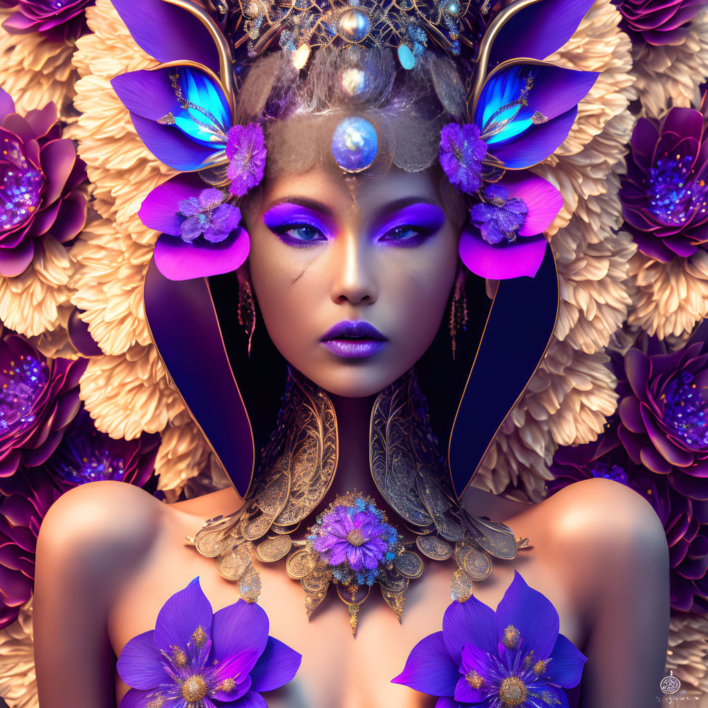 Violet-skinned woman with golden headpiece and purple makeup among vibrant flowers