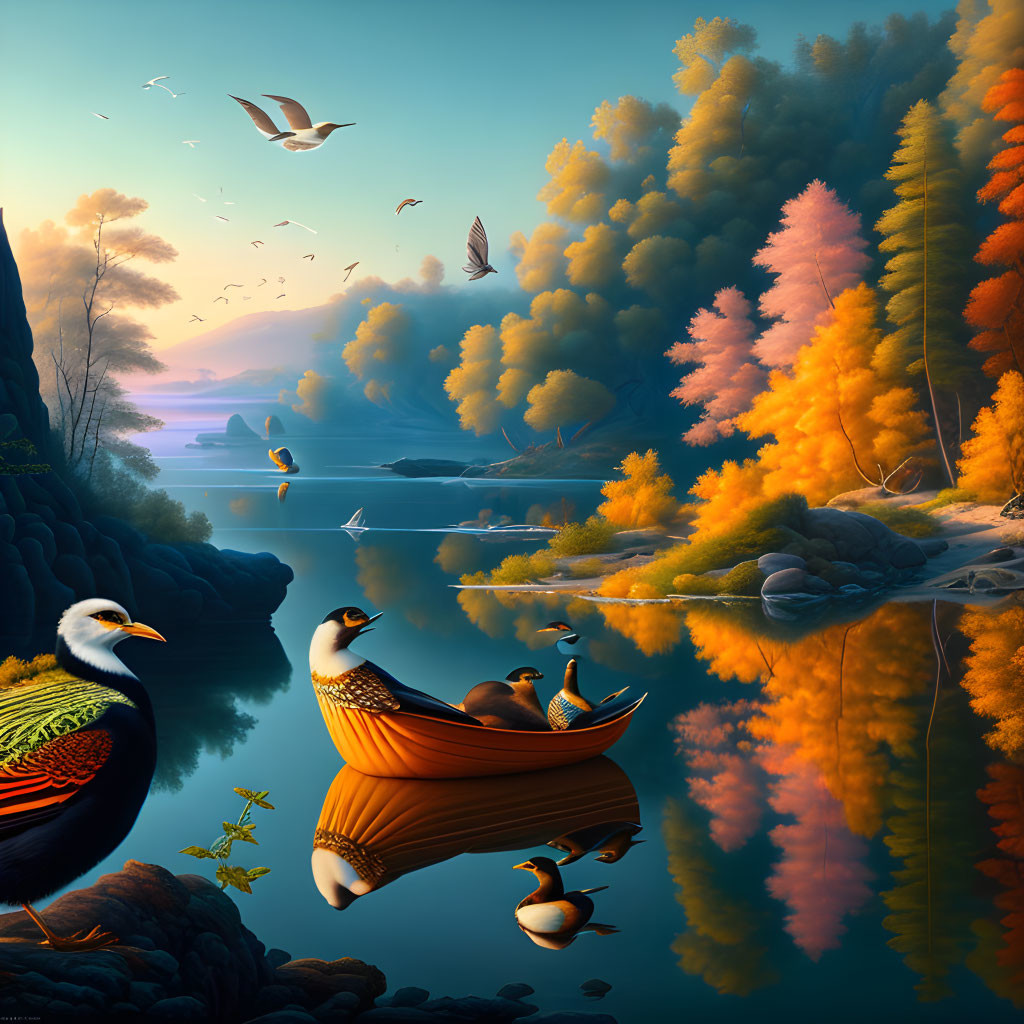 Colorful autumn trees reflecting in calm water with birds and ducks in serene setting