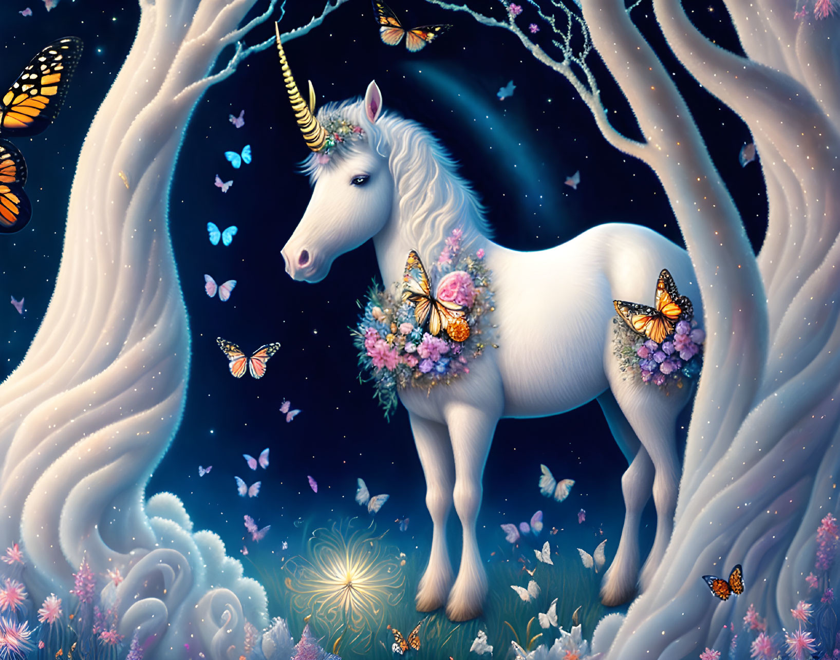 White unicorn with flowers in magical forest with butterflies and glowing orbs