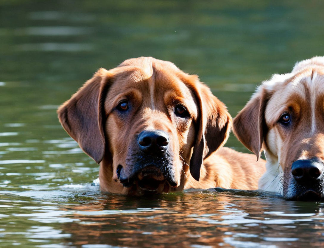 Two Labrador Retrievers swimming in water, one behind the other